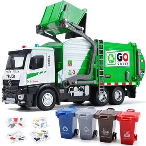 HOLYFUN 12 Electric Garbage Truck Set with Front Loader/Metal Cab 4 trash cans